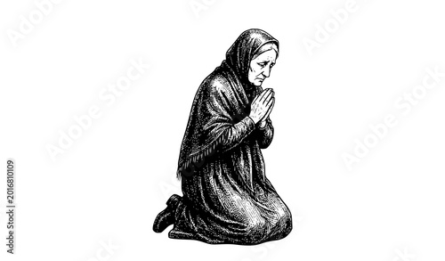 Photos Hand Drawn Praying Widow in Antique Veil Religious Sketch Vector Illustration