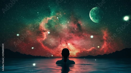 Silhouette Meditates Under Cosmic Nebula Night Sky Over Calm Water.