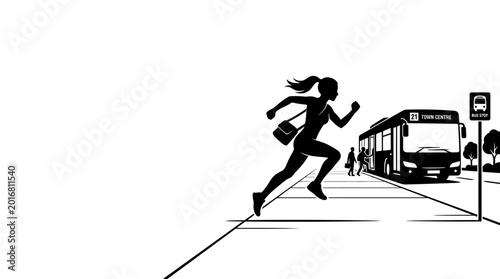 Foto A silhouette of a woman running to catch a bus at a station.