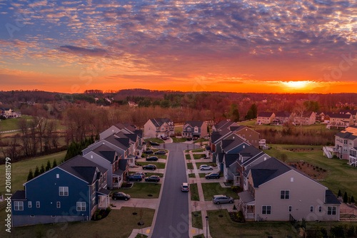 Clarksville Maryland Suburban Street Aerial Sunset — Symmetrical Neighborhood Road View