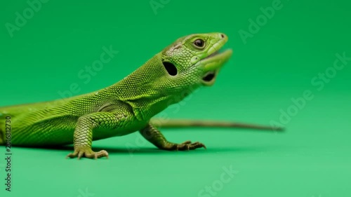 Video of green lizard on bright green background.