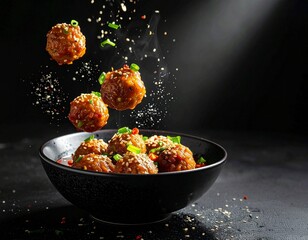 Flying meatballs with sesame seeds and scallions over a black bowl, action food photography with steam and spices.