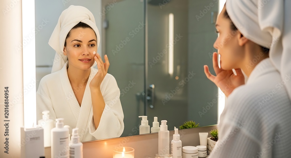 Fototapeta premium Woman applying skincare in bathroom mirror wellness and beauty concept