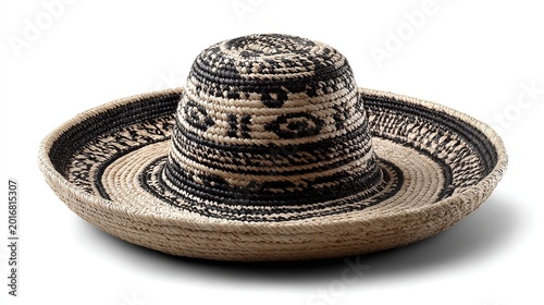 Traditional Colombian sombrero vueltiao crafted from woven caña flecha straw, iconic black and white geometric patterns displayed on clean white background.