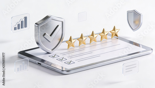 Secure Online Assessment: A digital tablet displays a secure assessment form, complete with a shield icon symbolizing protection, and five gold stars, signifying high ratings and satisfaction.