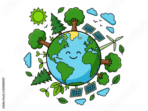 Cartoon earth with trees, solar panels, and wind turbine isolated on transparent background