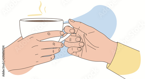 Hands holding a white coffee cup.