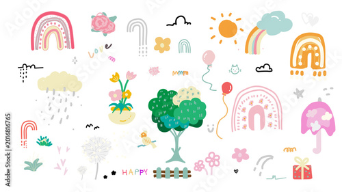Collection of cute hand-drawn nature doodles and whimsical elements. Vector illustration.