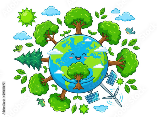 Cute earth character hugging a tree surrounded by nature elements isolated on transparent background