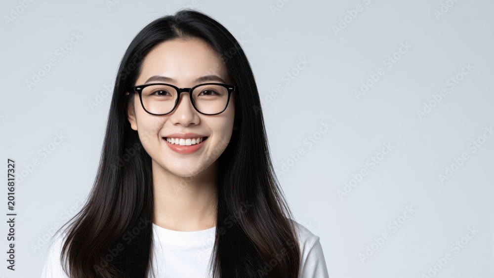 Fototapeta premium Radiant Young Woman with Glasses: Portrait of an attractive Asian woman with long black hair, wearing glasses and a gentle smile, exudes confidence and positivity. 