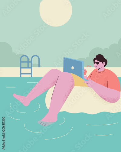 boy working  with laptop on the buoy at the beach or swimming pool, digital nomad worker during summer