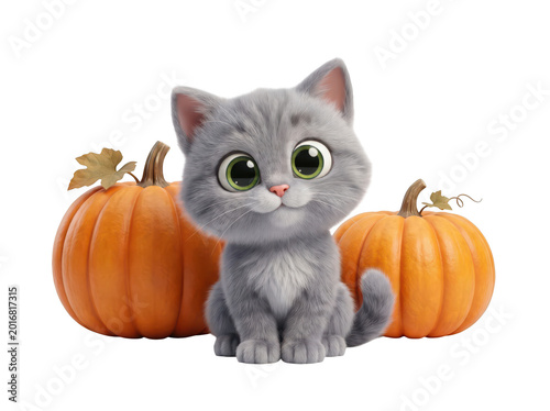 Adorable fluffy gray kitten sitting between two orange pumpkins isolated on transparent background
