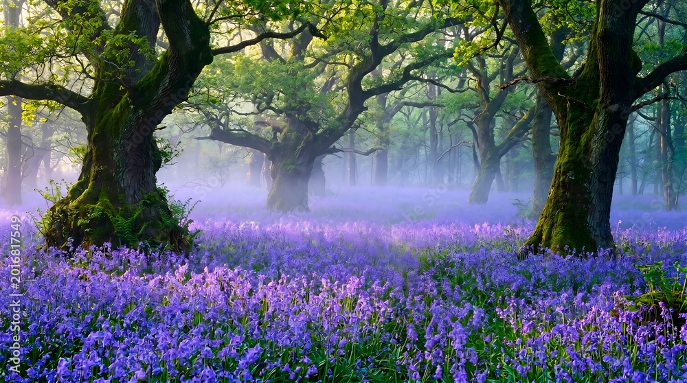 Obraz premium Enchanting Bluebell Wood: Mystical Forest Dawn with Ancient Trees
