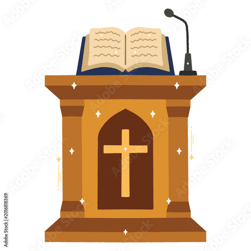 Tableau sur toile Ceremonial wooden pulpit featuring an open Bible and cross symbol for religious service