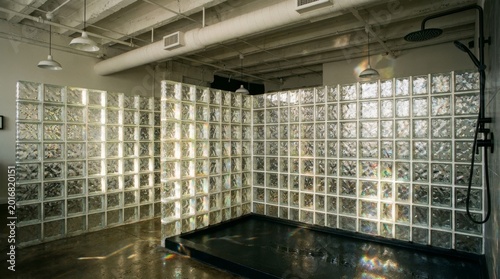 Modern industrial bathroom interior featuring glass block shower walls and a black shower fixture under a high ceiling with exposed ducts and rainbow light reflections.