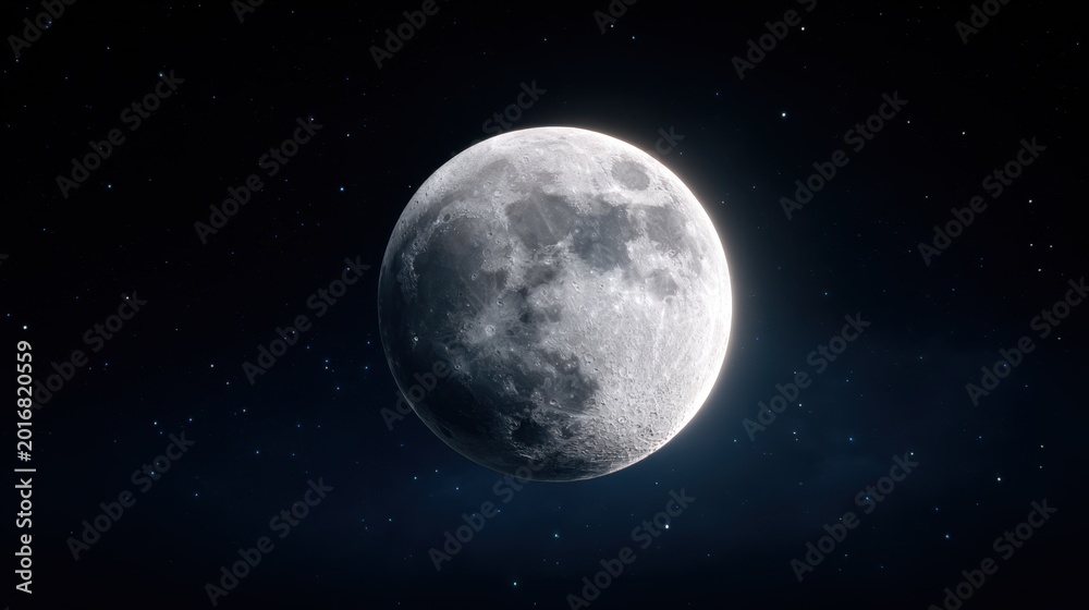Fototapeta premium Detailed moon surface with craters against starry night sky