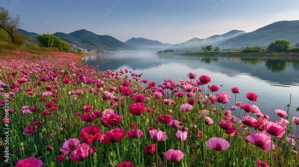 Obraz premium Pink poppy field blooming beside calm mountain river at dawn