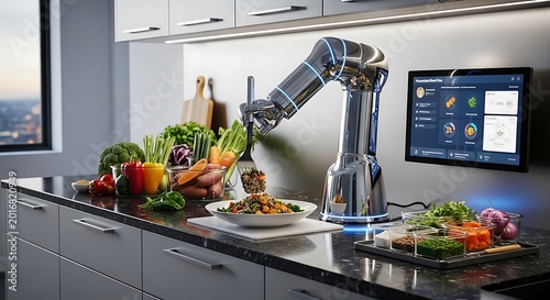 Futuristic Robotic Arm Preparing a Healthy Meal in a Modern Kitchen Automation AI in Culinary Arts