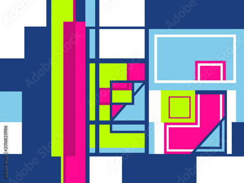 Tableau sur toile Vibrant Retro Geometric Abstract Background with Neon Pink, Lime Green, and Blue