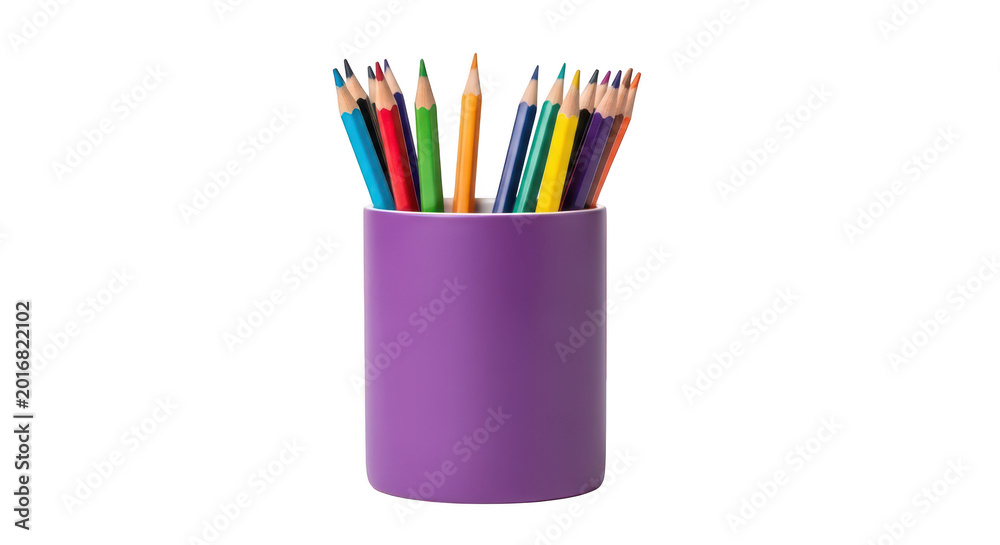 Fototapeta premium Purple pencil holder filled with colorful pencils on white background