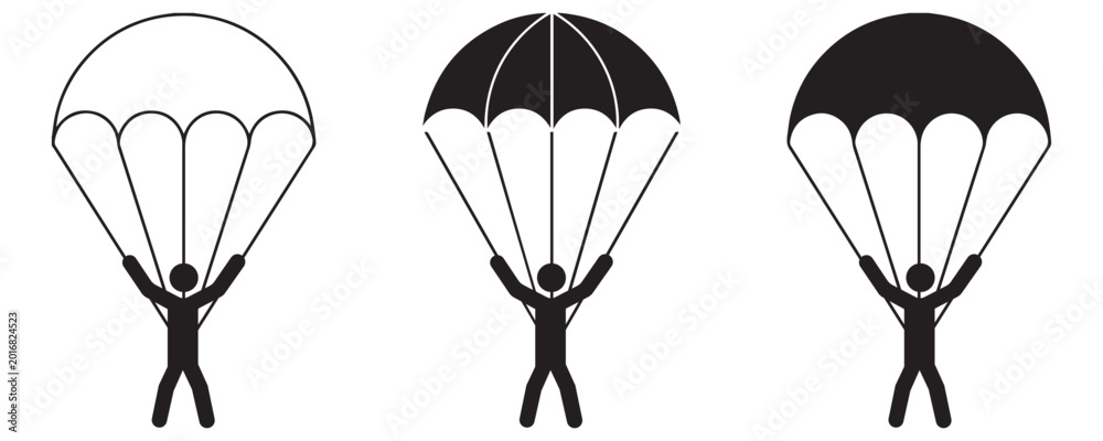 Fototapeta premium Parachute Icon Set Vector Cargo Drop and Air Adventure Symbols Linear Solid Glyph Styles Isolated on White Background