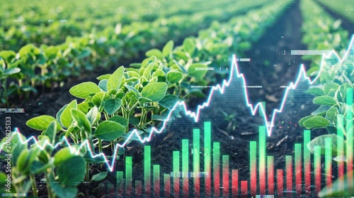 Digital financial graph with green soybean plants background, agritech stock market concept, agricultural commodity price analysis, farm investment and food industry growth