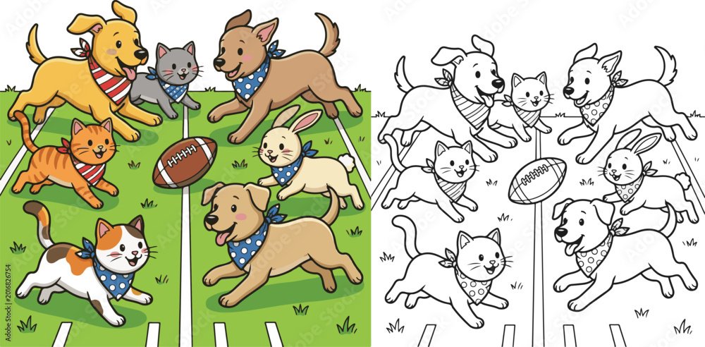 Fototapeta premium pet animals playing chasing football soccer cartoon vector illustration lineart and clipart for children coloring book