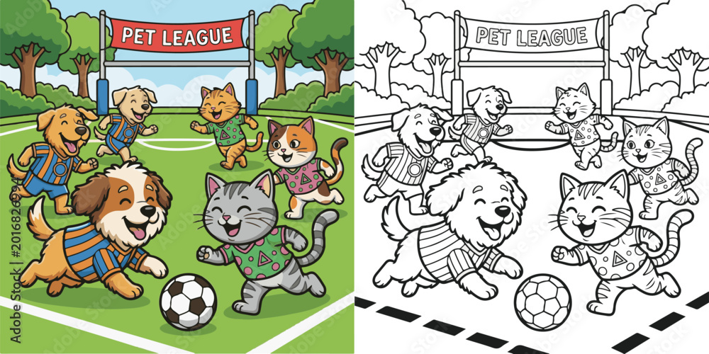 Naklejka premium pet animals playing chasing football soccer cartoon vector illustration lineart and clipart for children coloring book