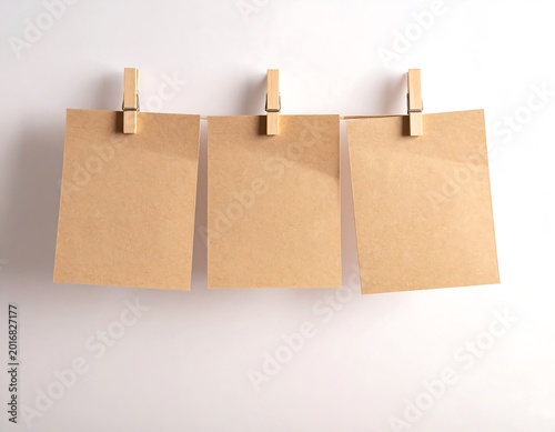 Three Brown Kraft Paper Sticky Notes with Wooden Tacks on Soft Light Background for Reminder, Planning and Rustic Stationery Concept