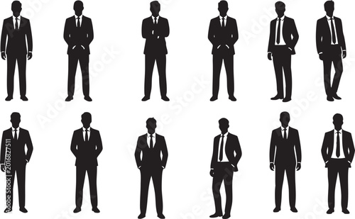Flat vector illustration of business men in suits, professional posture, leadership, corporate style, teamwork, confidence, silhouette concept