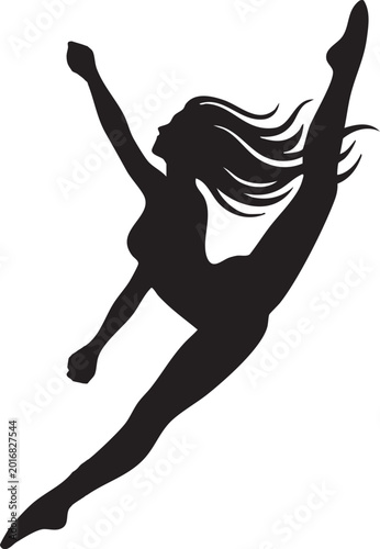 Flat vector illustration of woman dancer jumping gracefully, fitness, flexibility, motion, energy, elegance, art, silhouette, performance concept