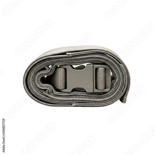 Rolled up olive green nylon strap with a plastic quick release buckle ready for outdoor adventures.