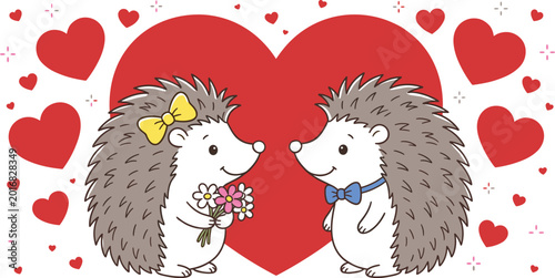 Canvas Print Cute hedgehog couple with hearts and flowers, romantic cartoon animal illustrati