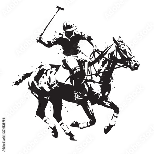 Polo player on galloping horse vector illustration, black and white equestrian sport silhouette, professional polo match athlete with mallet