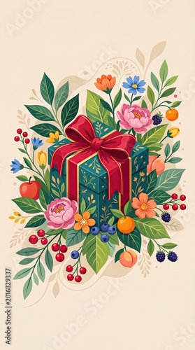 Vibrant floral arrangement with gift box and colorful leaves on a plain background