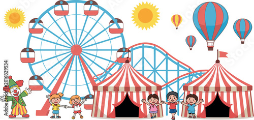 Foto Colorful vector illustration of amusement park with ferris wheel roller coaster