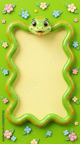 A smiling green snake peeking out from a wavy frame surrounded by colorful flowers on a bright green background.