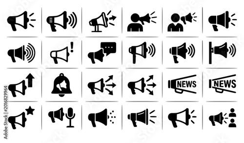 Minimalist megaphone announcement icon vector set black and white