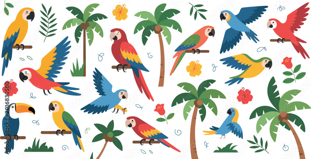 Obraz premium Tropical bird collection set featuring colorful parrots macaws and toucans with palm trees and hibiscus flowers on white background