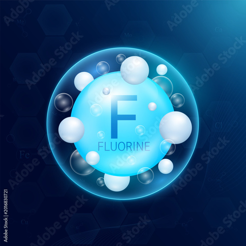 Atom molecular model of fluorine minerals blue inside a transparent bubble on dark background. Essential supplement health. Science medical concept. Vector EPS10 illustration.