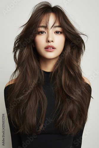Portrait Of Individual With Voluminous Long Wavy Brown Hair And Wispy Bangs