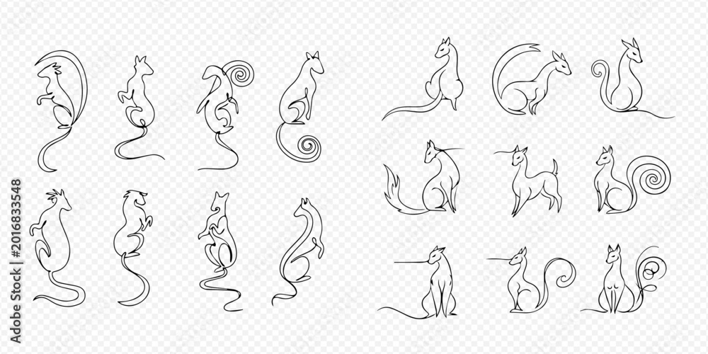 Fototapeta premium Set of minimalist line art illustrations featuring various fantasy creatures and mythical animals in different poses, perfect for graphic design elements.