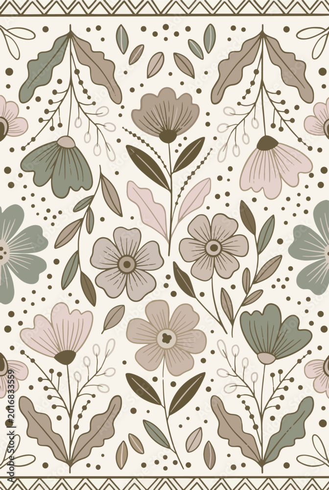 Obraz premium Boho floral seamless pattern with neutral earth tone flowers and botanical elements.eps
