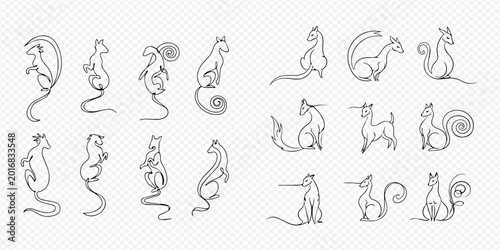 Fotografi Set of minimalist line art illustrations featuring various fantasy creatures and mythical animals in different poses, perfect for graphic design elements