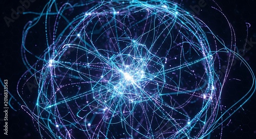 Futuristic Digital Network with Glowing Data Connections and Light Trails.