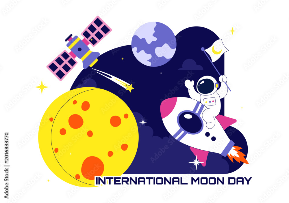 Naklejka premium International Moon Day Vector Illustration Featuring Astronaut Crescent Moon Space Rocket Satellite and Cosmic Exploration Theme Design