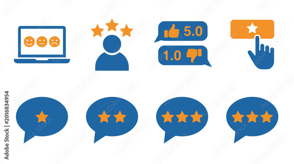 Fototapeta premium Customer feedback icons set reviews ratings satisfaction and online reputation management graphics