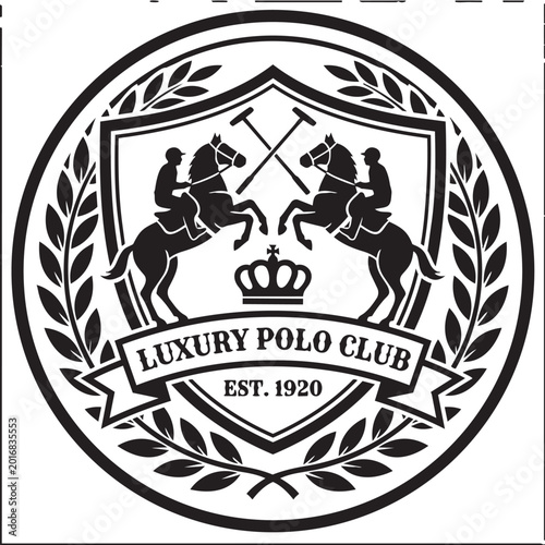 Vintage Luxury Polo Club Crest, Heraldic Equestrian Shield with Horses and Mallets, Classic Sports Team Emblem with Laurel Wreath and Crown