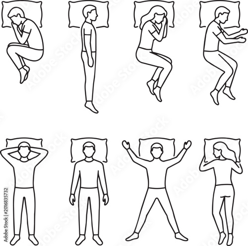 Foto sleeping positions line art icons set with human poses and pillow vector illustr