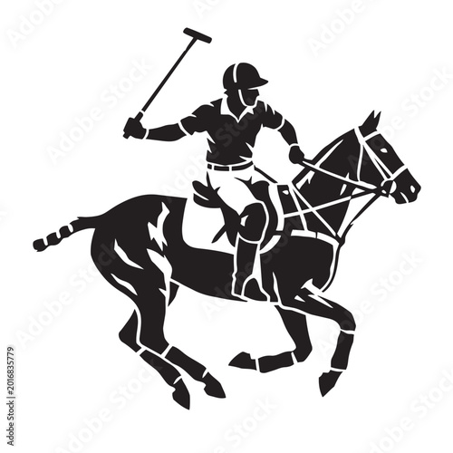 Polo player silhouette on galloping horse, equestrian sports vector icon, black and white polo match athlete with mallet, competitive horse riding graphic